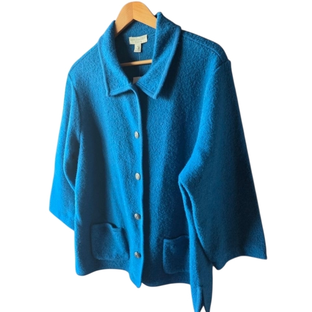 Appleseeds Woman Plus Size 1X Turquoise Blue 100% Wool Jacket Vintage Preppy - Picture 3 of 6